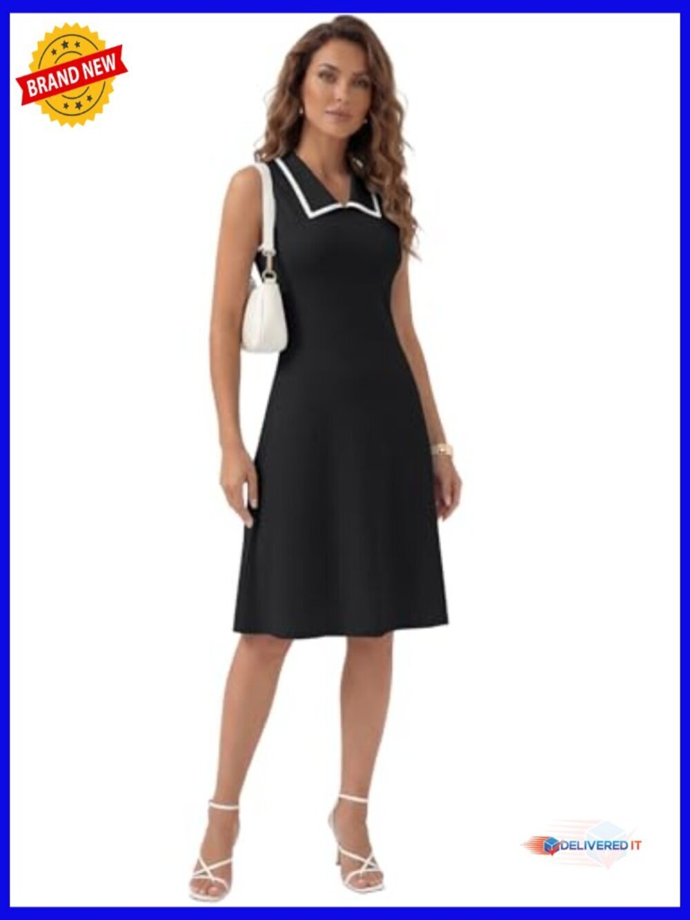 Sleeveless Collared A-Line Flare Midi Dress with Back Button Detail - Picture 6 of 6